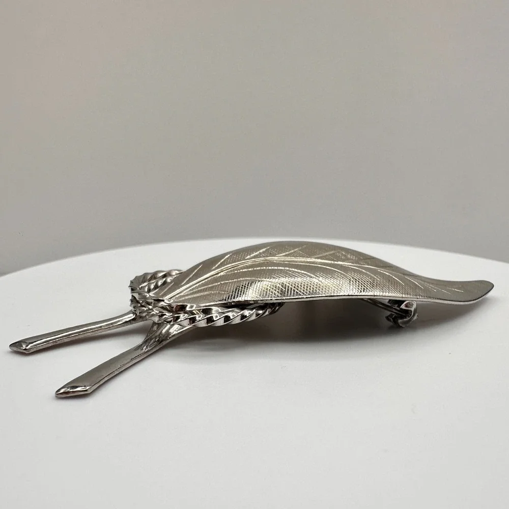 Vintage 80s‎ Silver Tone Textured Double Leaf Brooch Pin Women's Classic Jewelry